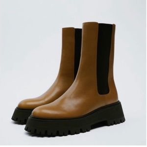 Zara Brown Leather Lug sole boots.